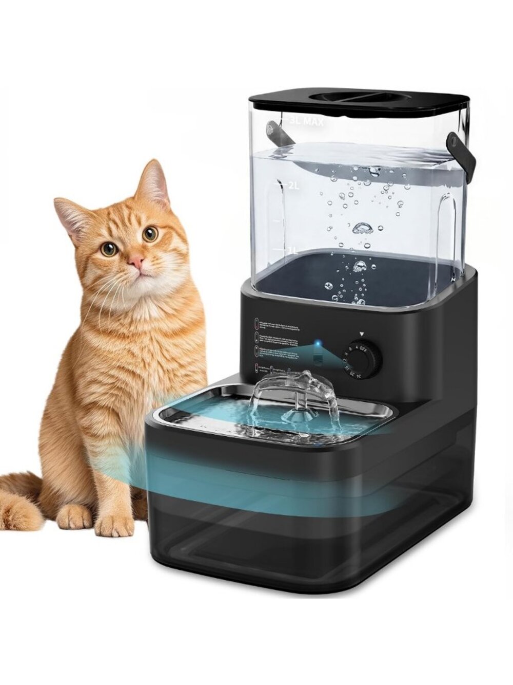 Wireless 3L Filterless Cat Water Fountain with Wastewater Separation - Black